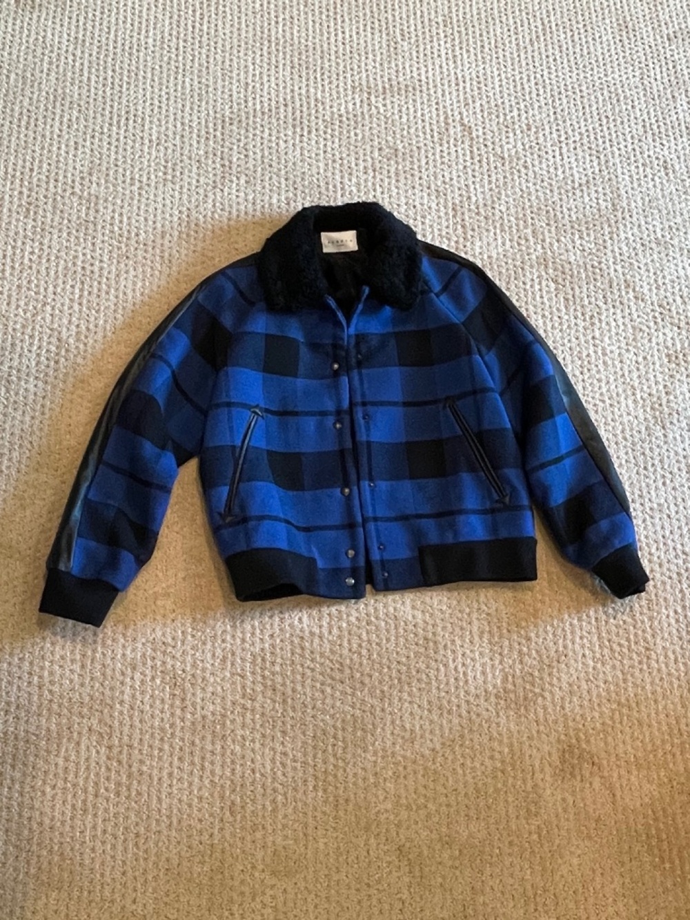Sandro "V5811H" Shearling Collar Plaid Bomber (size 3/  8-10)
